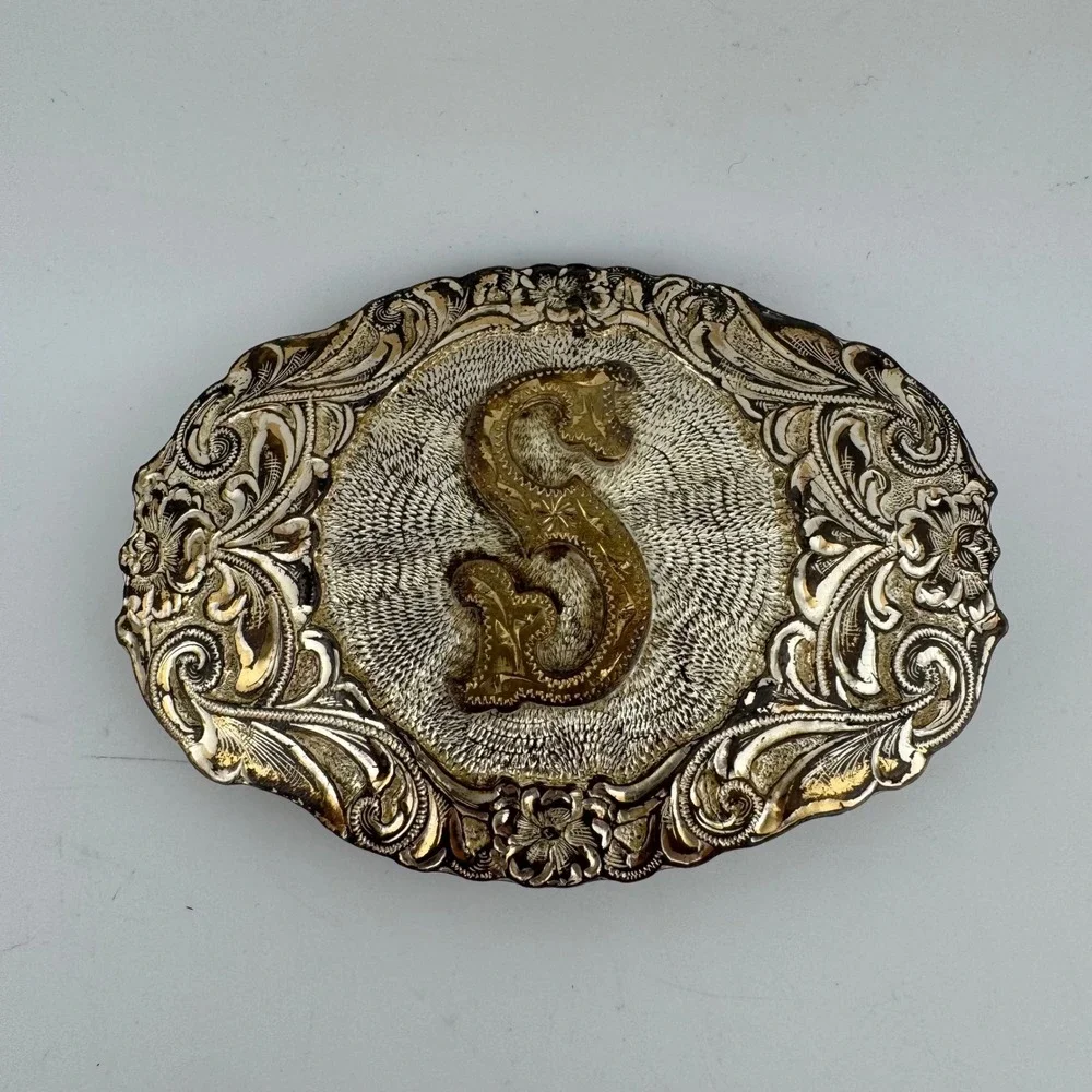 Crumrine Belt Buckle SilverGold Tone Vintage Floral Engraved Initial S Oval